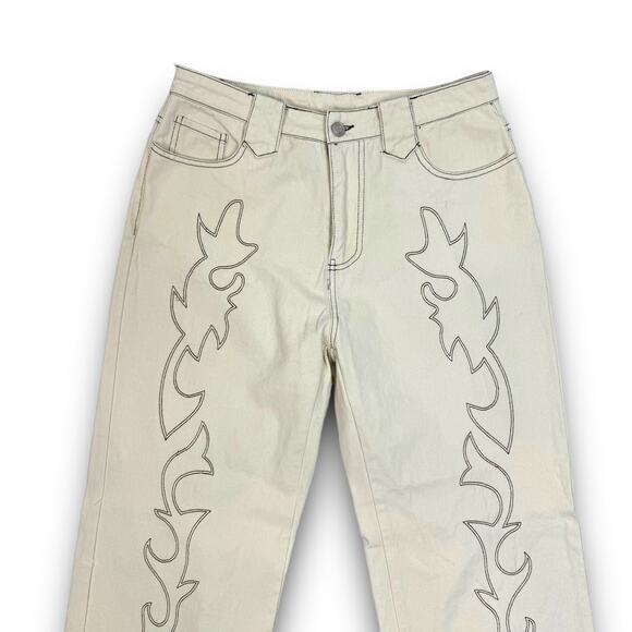 Et Clet Lightweight Denim Embroidered Jeans Wide Leg Western Cream Brown Medium - Picture 3 of 9